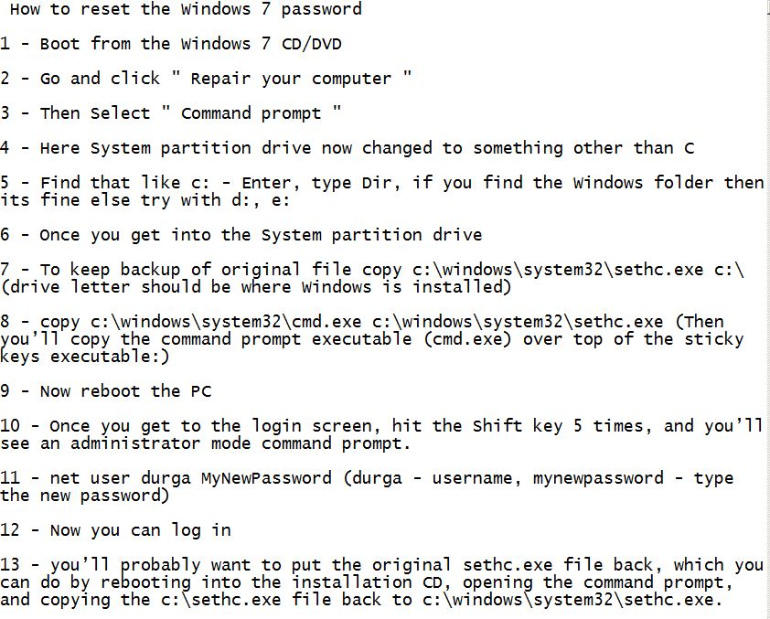 Recover/reset windows 7 password